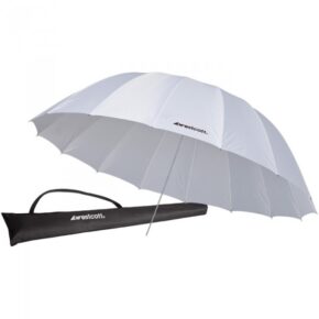 1319802959_360 The Westcott 220 cm White Diffusion Parabolic umbrella, which is open and has a silver shaft, is pictured next to a black carry bag and handle; both products bear the Westcott logo.