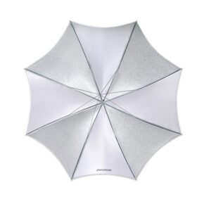 1319804761_202 Viewed from above, the Westcott 109 cm Soft Silver Collapsible Umbrella for photographic lighting displays its eight reflective panels and the Westcott logo near the centre.