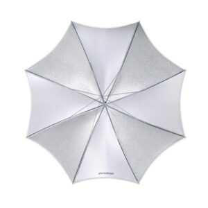 1319804761_202 Ylhäältä katsottuna Westcott 109 cm Soft Silver Collapsible Umbrella valokuvauksen valaistukseen näyttää sen kahdeksan heijastavaa paneelia ja Westcott-logon lähellä keskustaa.