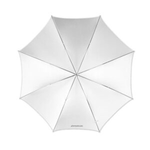1319804785_601 Westcott 109 cm Optical White Satin Collapsible -sateenvarjo on kuvattu täysin auki ylhäältä, ja siinä on kahdeksan paneelia, näkyvät metallikylkiluut ja sana "Westcott" painettuna lähelle yhden paneelin reunaa.