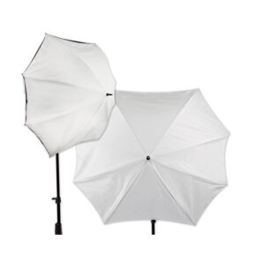 1319804987_390 The Westcott 102x127cm Ed Pierce Edition Halo is depicted twice: one umbrella to the side and the other to the front, both on a black stand against a white background.