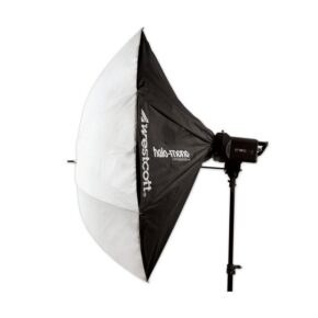 1319805428_213 A photographic studio light with a large black and white umbrella-shaped softbox, the Westcott 137cm Halo Mono Round, mounted on a high stand.