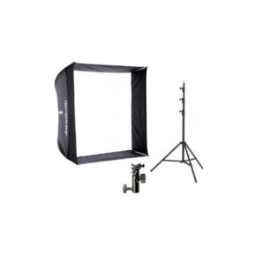 1319806319_911 The Westcott Apollo Flash Kit includes a square softbox with a black outer shell and white diffuser, a metal light stand and mounting bracket, all against a white background.