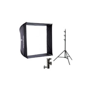 1319806319_911 Westcott Apollo Flash Kit sisältää neliönmuotoisen softboxin, jossa on musta ulkokuori ja valkoinen diffuusori, metallinen valoteline ja kiinnitysteline, kaikki valkoista taustaa vasten.
