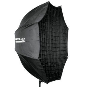 1338452716_163 Westcott 40 degree Grid for 109 cm Apollo Orb, a large black softbox accessory on a tripod, used to control studio lighting in photography or video production.