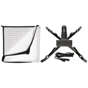 1421921177_937 Westcott Flex 1-Light Tungsten LED Kit -valaisimessa on joustava LED-paneeli, jossa on diffuusi kansi, musta säädettävä kiinnityskannatin ja virtajohto, jotka kaikki näkyvät valkoisella pohjalla.