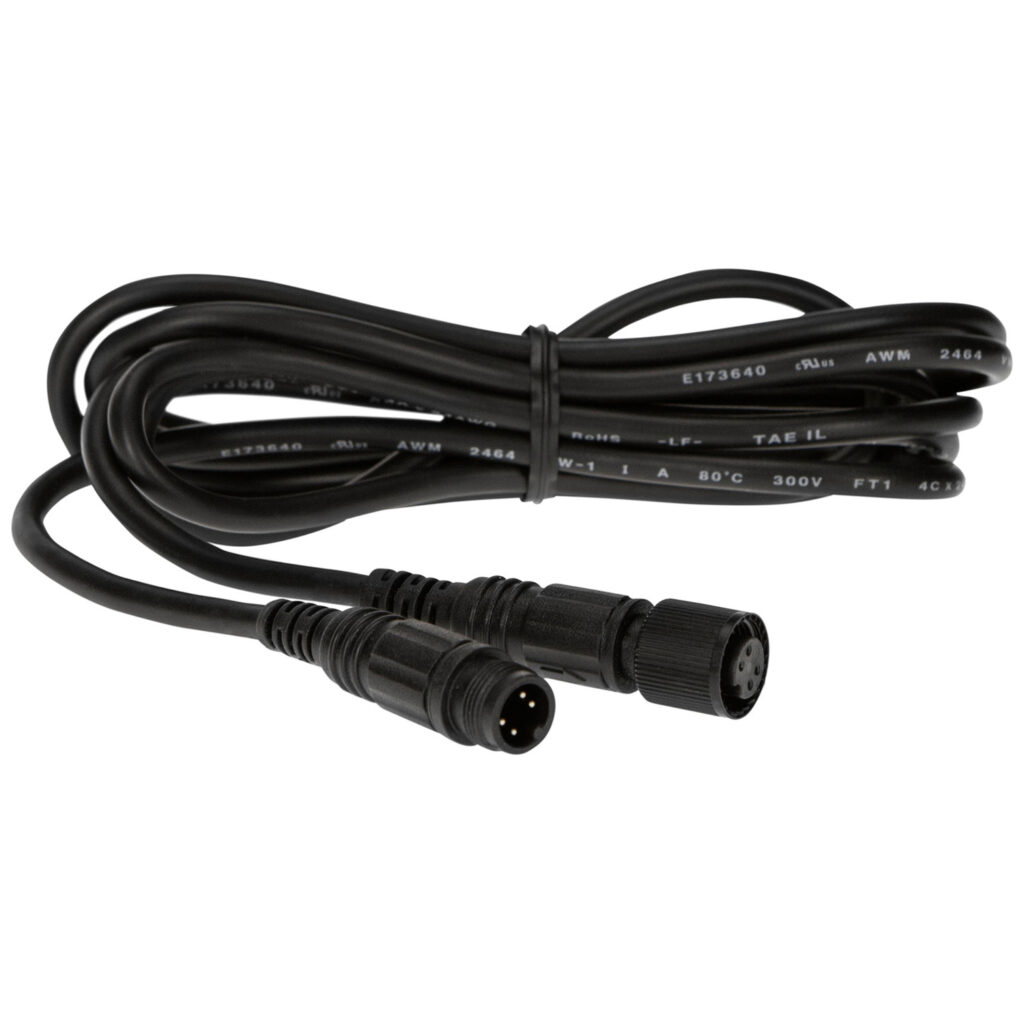 1421921441_208 Westcott Flex Dimmer -jatkojohto LED-matoille on musta kaapeli, jossa on molemmissa päissä pyöreät uros- ja naarasliittimet, ja joka on kierretty ja jossa on näkyviä kaapelimerkintöjä pitkin sen pituutta.