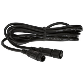 Westcott Flex Dimmer -jatkojohto LED-matoille on musta kaapeli, jossa on molemmissa päissä pyöreät uros- ja naarasliittimet, ja joka on kierretty ja jossa on näkyviä kaapelimerkintöjä pitkin sen pituutta.