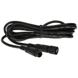 1421921441_208 Westcott Flex Dimmer -jatkojohto LED-matoille on musta kaapeli, jossa on molemmissa päissä pyöreät uros- ja naarasliittimet, ja joka on kierretty ja jossa on näkyviä kaapelimerkintöjä pitkin sen pituutta.