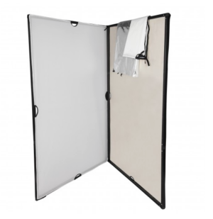 1441706038_216 The Westcott C47 Book Light Kit is a large, free-standing display board with a white panel on the left, a beige panel on the right and a folded silver-white fabric hanging in the top right corner.