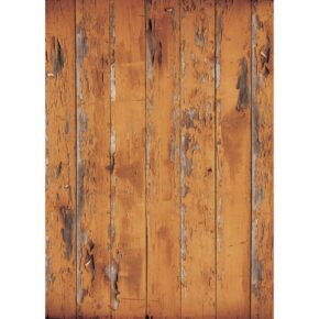 Westcott Vinyl Backdrop Distressed Wood Matte 1,52 x 2,13 m by Rich Brown is a weathered orange-brown paint with visible cracks, scratches and rough texture in the vertically spaced planks.