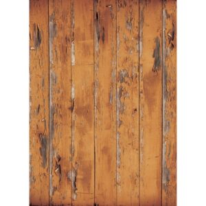 1528121159_989 Westcott Vinyl Backdrop Distressed Wood Matte 1,52 x 2,13 m by Rich Brown on sään vaikutuksesta kuoriutuva oranssinruskea maali, näkyvät halkeamat, naarmut ja karkea rakenne pystysuoraan sijoitetuissa lankuissa.
