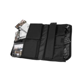 1532327731_897 The Westcott Scrim Jim Rolled Travel Case is an open black organizer with multiple pockets and compartments designed to neatly store cards, small tools and accessories.