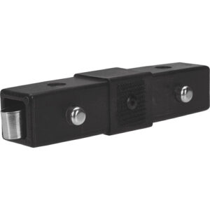Musta suorakaiteen muotoinen muovista ja metallista valmistettu Westcott Scrim Jim Cine 2" Straight Frame Connector, jossa on kaksi ruuvinreikää ja jousikuormitteinen metallipultti toisessa päässä.