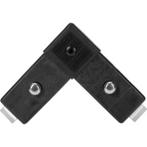 The Westcott Scrim Jim Cine 2D Hoekframe Connector is a black, L-shaped plastic and metal tool with a central pivot and two bolts on each arm.