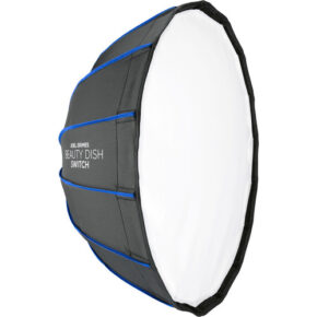 1535016740_524 Mustavalkoinen kokoontaitettava beauty dish softbox, jossa on sininen reunus, merkintä Westcott Beauty Dish Switch, suunniteltu ammattimaiseen valokuvausvalaistukseen.