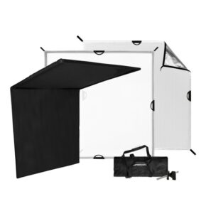 1548418574_500 The Westcott Scrim Jim Cine C47 DP Kit includes a large rectangular diffusion panel, a silver reflector panel, a black flag and an accessories box, all neatly arranged on a white background.
