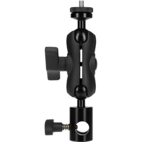 1551192891_503 The Westcott Dual Joint Tilter Bracket is a black adjustable joint bracket with tension knobs and a threaded screw at the top, ideal for attaching cameras or accessories to equipment or supports.