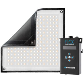 1570794727_520 Westcott Flex Cine Bi-Color Mat 1-Light Set (1' x 1') -joustava LED-paneeli näkyy osittain taitettuna mustan FLEX CINE DIMMER -ohjausyksikön vieressä, jossa on merkintä Westcott.