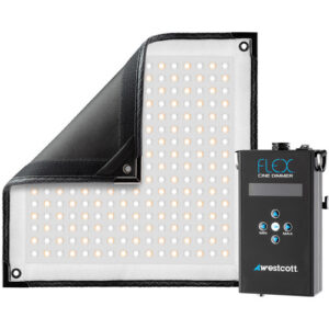 1570794727_520 Westcott Flex Cine Bi-Color Mat 1-Light Set (1' x 1') -joustava LED-paneeli näkyy osittain taitettuna mustan FLEX CINE DIMMER -ohjausyksikön vieressä, jossa on merkintä Westcott.
