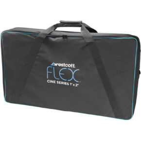 1592222917_787 Black rectangular Westcott Flex Cine Gear Bag (30 x 61 cm, 1' x 2') with blue trim, two handles and white and blue print on the front "Westcott FLEX Cine Series 1 x 2".
