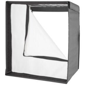 1592223920_222 The Westcott Flex Cine Softbox (30.5 x 30.5 cm) has a foldable white fabric frame with a dark border and a partially open front flap to reveal its empty interior.