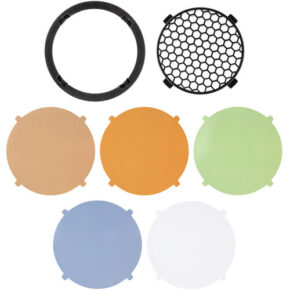 1611228483_505 The Westcott FJ80 Magnetic Grid & Gel Pack contains six round colour filters (brown, orange, green, blue, white), a black frame and a honeycomb grid with tabs for easy handling.
