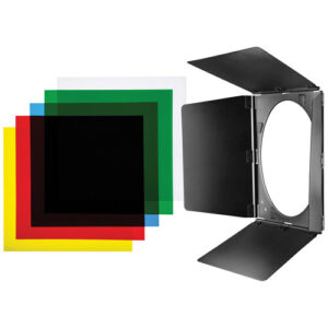 1611229109_568 Westcott Barndoor Set for 70 Degree Wide Reflector sisältää värilliset geelit (punainen, sininen, vihreä, keltainen, kirkas) ja mustan lato-ovimodifikaattorin, jossa on säädettävät läpät näyttämö- tai studiovalaistuksen ohjaukseen.