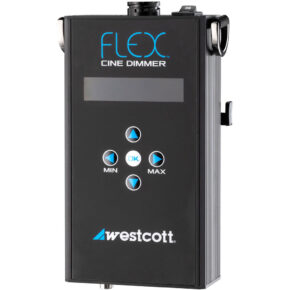1637066135_175 Mustassa Westcott Flex Cine Dimmerissä on näyttö, neljä nuolipainiketta, joissa on merkinnät "MIN", "OK" ja "MAX", virtakytkin ylhäällä ja teksti "FLEX CINE DIMMER" painikkeiden yläpuolella.