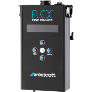 1637066135_175 Mustassa Westcott Flex Cine Dimmerissä on näyttö, neljä nuolipainiketta, joissa on merkinnät "MIN", "OK" ja "MAX", virtakytkin ylhäällä ja teksti "FLEX CINE DIMMER" painikkeiden yläpuolella.