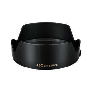 1643026573_782 The black JJC EW 65C Canon lens hood, with its petal-shaped pattern, appears against a white background, with the product name in gold letters on the front.