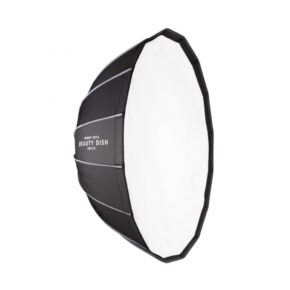 Westcott Beauty Dish Switch by Manny Ortiz (91 cm, valkoinen sisäosa) on suuri, pyöreä softbox-tyylinen kauneusmalja studiokuvauksen valaistukseen, jossa on musta ulkokuori, valkoinen diffuusori ja sivulle painettu "Beauty Dish".