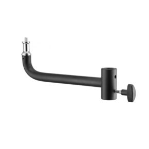 Screenshot Westcott 8" The Shorty Offset Extension Arm is a black metal L-shaped arm with a silver fixing screw at one end and a tightening knob at the other, designed to hold equipment such as lights or cameras.