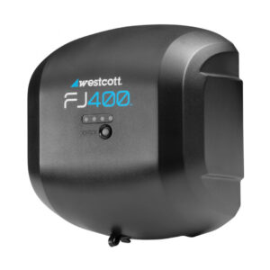 1651588523_213 Westcott FJ400 AC/DC -litiumpolymeeriakku, musta, sininen ja valkoinen tuotemerkki ja CHECK-painike edessä, valkoisella taustalla.