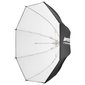 1656339495_824 Large, white and black photo umbrella with metal poles and the text "Westcott Deep Umbrella - White Bounce (61 cm)" printed on the black surface.