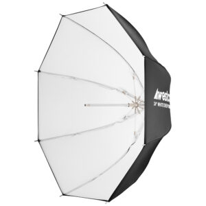 1656339495_824 Suuri, valko-musta valokuvaussateenvarjo, jossa on metalliset puikot ja mustaan ulkopintaan painettu teksti "Westcott Deep Umbrella - White Bounce (61 cm)".