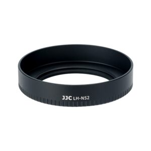 JJC LH-N52 lens hood with black camera lens cover with brushed edge, against a white background.