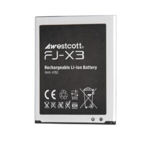 Rectangular Westcott FJ-X3 lithium-ion battery with product information, safety icons and recycling symbols on the black and white label.