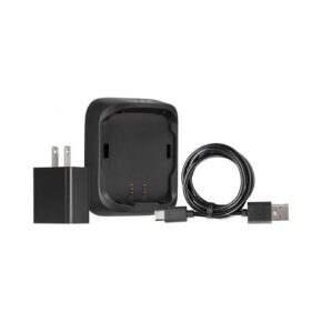1664872468_328 The black Westcott FJ80 II battery charger and cable includes a wall adapter, a charging dock and a USB to micro-USB cable, shown against a white background.