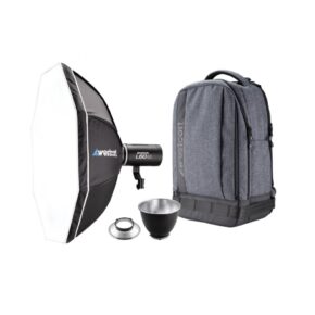 1664877779_909 The Westcott L60-B Bi-Color COB LED 1-Light Backpack Kit includes a grey backpack, a large octagonal softbox, a black studio light, a silver reflector plate and a silver reflector bowl, all presented on a white background.