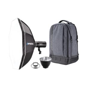 1664886998_767 Westcott L60-B Bi-Color COB LED 2-Light Backpack Kit sisältää kahdeksankulmaisen softboxin, LED-valon heijastimella, ylimääräisen heijastimen, pienen hopeisen lautasen ja harmaan Westcott-repun, jotka kaikki näkyvät valkoisella pohjalla.