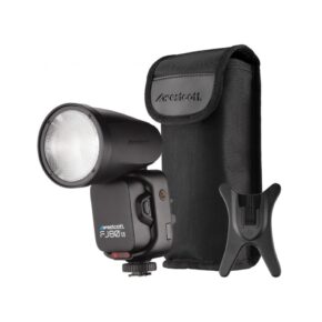 1664966712_202 The Westcott FJ80 II S Touchscreen 80Ws Speedlight for Sony has a black carrying case and a mounting base with a white background.