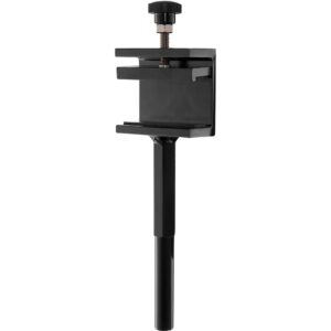 The Westcott Scrim Jim Cine Clamp with 5/8" Stud is a black metal clamp with a vertical handle and adjustable top screw, designed to securely fasten objects to surfaces.