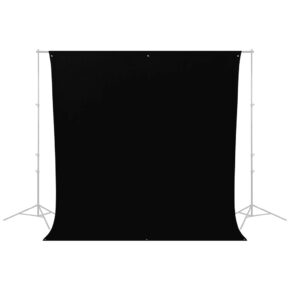 The Westcott Wrinkle-Resistant Backdrop, Rich Black (2.7 x 3 m) is displayed on a sturdy metal stand with two tripods, against a white background.