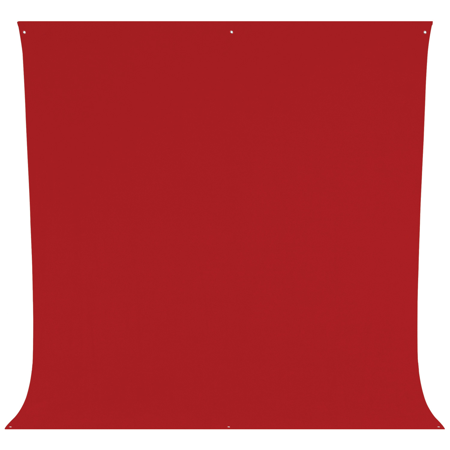 Westcott Wrinkle-Resistant Backdrop in Scarlet Red (2,7 x 3 m) on suuri suorakulmainen kangaslakana, jossa on pienet läpiviennit jokaisessa kulmassa ja joka on kuvattu valkoista taustaa vasten.