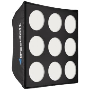 Musta suorakaiteen muotoinen Westcott Pro Light Mods 91 x 91 cm:n laatikko, jonka toisella puolella on yhdeksän tasaisin välein olevaa valkoista ympyrää 3x3-ruudukossa. Vasemmalla puolella on osittain näkyvissä sana "Westcott".