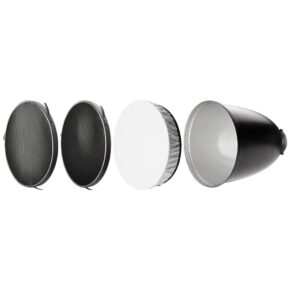 1697119081_760 The Westcott 45-degree depth of field reflector (Bowens Mount) is pictured with the included honeycomb grids and diffuser, and each accessory is oriented forward to emphasize its shape and texture.