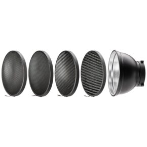 1698242522_003 Westcott's 55 degree wide umbrella reflector with honeycomb grids (Bowens mount) is shown with four grids of varying density, arranged in a row on a white background to show the progression from a dense grid to a wide grid.