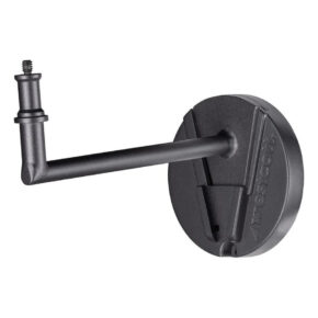 1705677680_848 Lindsay Adler's Westcott Float Wall Mount Arm Kit is a black, wall-mounted bracket with a round base and angled arm with a screw post for supporting or mounting equipment.