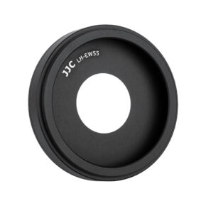 Musta, pyöreä JJC EW 55 Canon -vastavalosuoja, jossa on suuri keskiaukko, näkyy valkoista taustaa vasten.